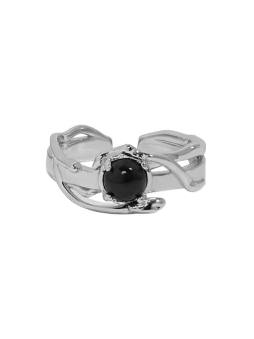 White gold [Black Agate] 925 Sterling Silver Carnelian Irregular Vintage Stackable Ring